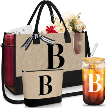 Aliceset Initial Gifts for Women Jute Tote Bag Makeup Bag Monogram Initial Glass Coffee Cup Birthday Gifts for Women Mom(B)