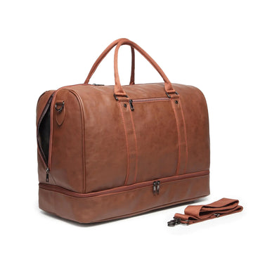 JetSet Leather Duffel - Oversized Brown Weekender with Shoe Compartment